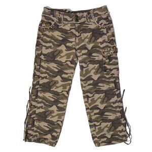 Handi Y2k Army Camo Cargo Capri Pants Bedazzled Jewel Drawstring Cuffs Size 30"